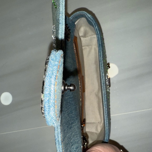 Gucci Denim Crystal Applique Small GG Marmont Shoulder Bag Blue - Picture 6 of 7